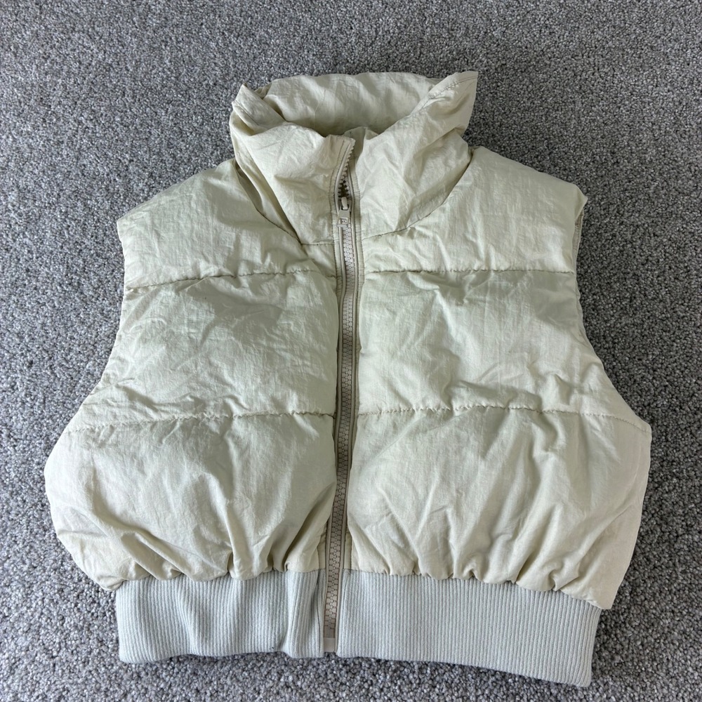 Garage Puffer Vest Sleeveless Padded Jacket Crop Top High Neck Beige Casual‎